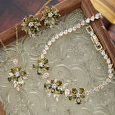 Misty Forest Olive Green Zircon Jewelry Set – Earrings, Ear Cuffs, Bracelet & Necklace, Vintage Forest-Inspired Design